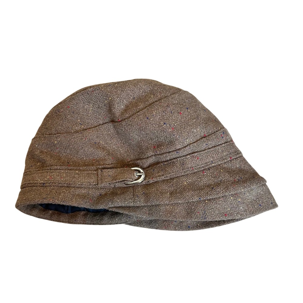 D&Y Y2K‎ Brown Tweed Cloche Bucket Hat Wool Blend Buckle OSFM Dark Academia Twee